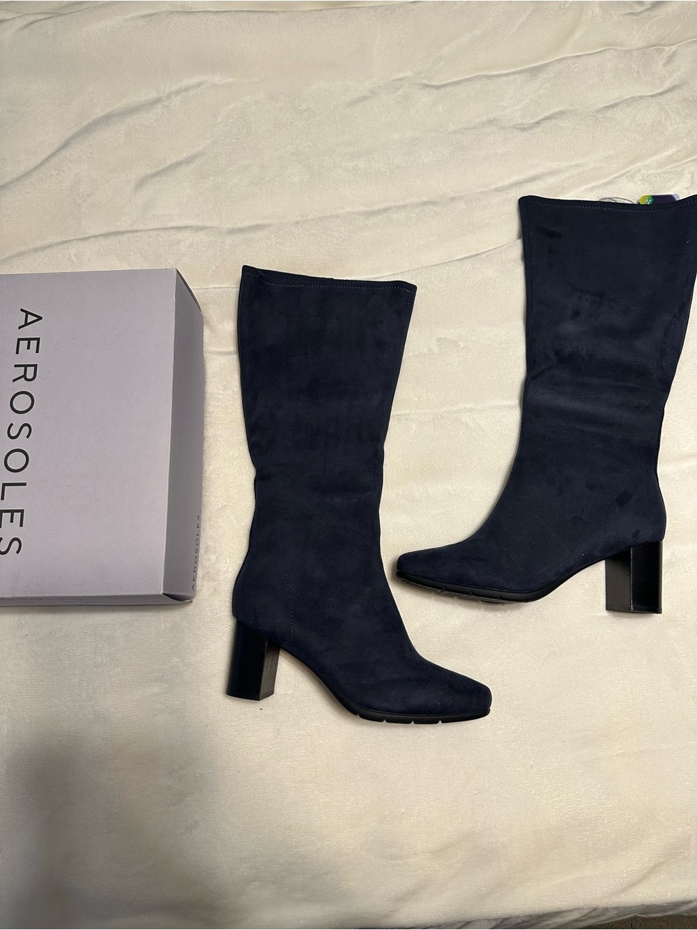 AEROSOLES Navy Suede Mid-Calf Block Heel Boots